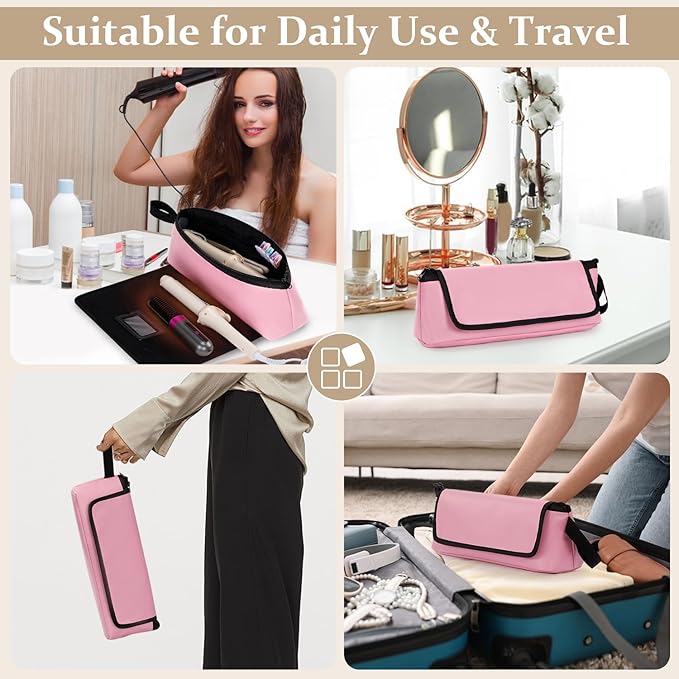 GNEGNI Hair Tools Travel Bag with Heat Resistant Mat, 2-in-1 Portable Hot Tools Organizer fits Curling Iron, Straightener & Hair Accessories, Travel Vacation Essentials(Blue/Pink) (Pink)