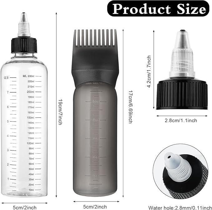 2 Pack Applicator Bottle for Hair, 8.5oz 6oz Squeeze Empty Oil Dispenser Hair Color Applicator Root Dye PET Plastic Refillable Bottles with Graduated Scale and Twist Top for Home Salon Sylist