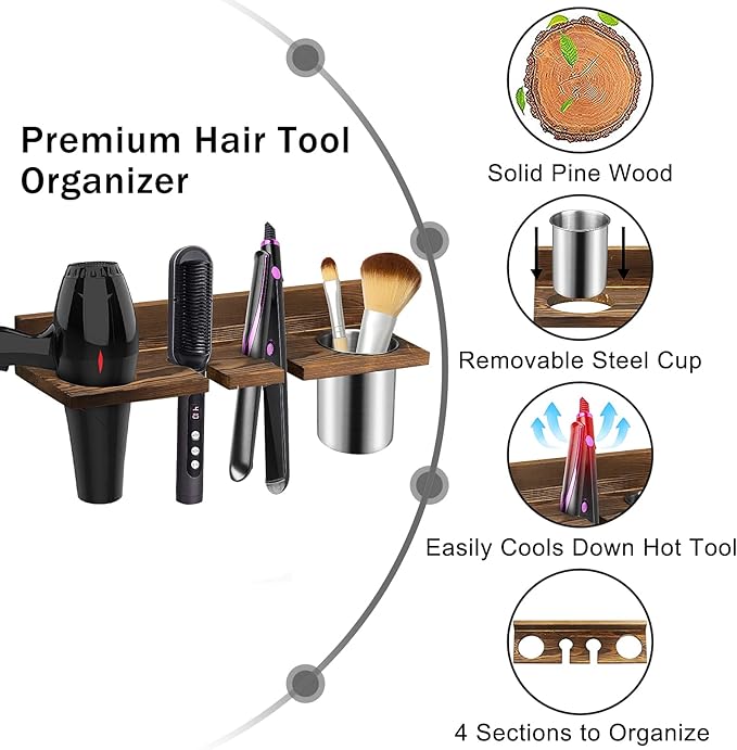 Hair Tool Organizer Wall Mounted - Wooden Dryer Holder, Blow Dryer Holder for Bathroom, Rustic Styling Tools Organizer for Flat Iron, Curling Wand, Hair Straighteners, Brushes, Brown