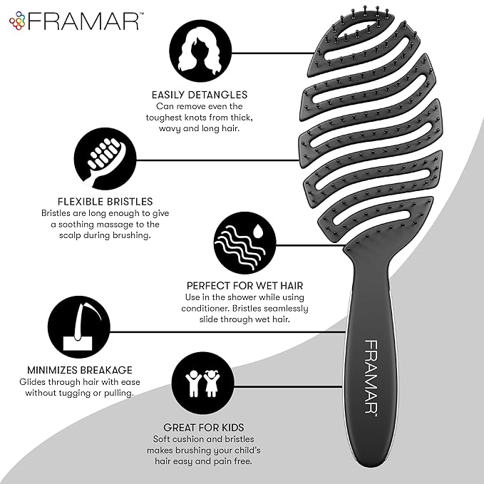 FRAMAR Vented Hair Brush For Women – Flex Brush, Wet Hair Brush Detangler, Wet Hairbrush For Women, Detangle Brush, Brushes For Hair, Hairbrushes – Vented Design For Faster Drying Time - Black
