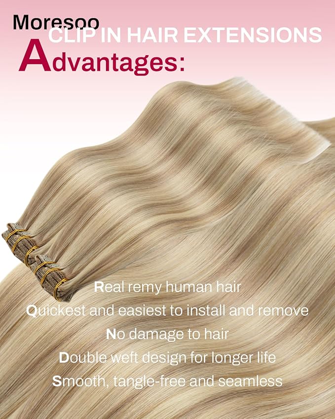 Moresoo Clip in Hair Extensions Blonde Highlights Long Remy Real Human Hair Clip in Extensions Golden Blonde with Medium Blonde for Women Warm Color Straight Double Weft 120g/7pcs 16 inch