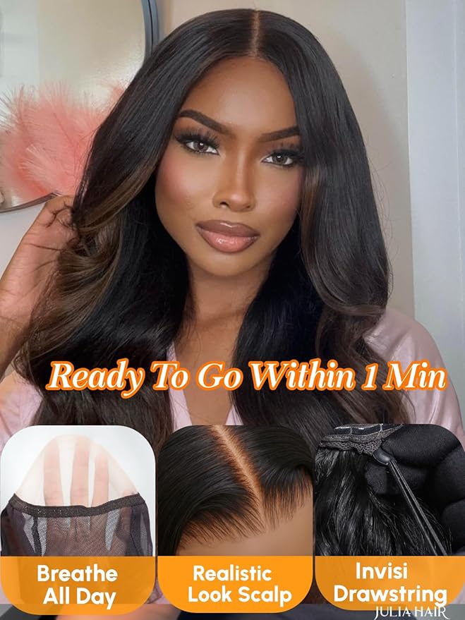 Julia Hair Chestnut Brown Ombre Yaki Straight 7x5 Pre Cut HD Lace Put On and Go Wig Bye Bye Knots Glueless Human Hair Wigs with Invisi Drawstring Pre Plucked Bleached Knots Beginner Friendly 20 Inch