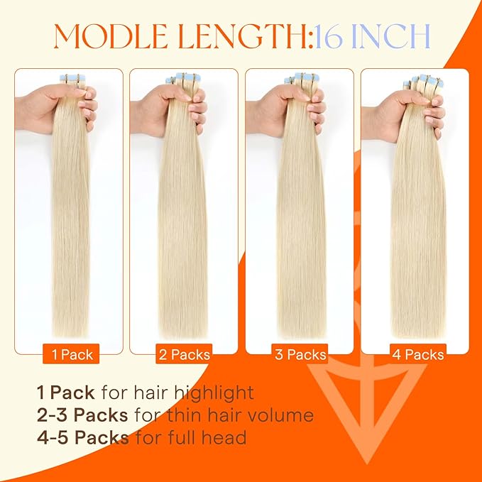 Full Shine Tape in Hair Extensions Color 60 Blonde Machine Remy Injected Tape in Extensions Double Sided Insert Seamless Invisible Human Hair for Women 16 Inch 20 Pcs 40 Grams Add Volume