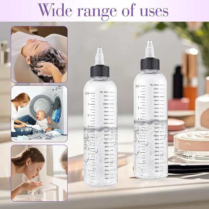 2Pcs Applicator Bottle for Hair, 8.5oz Twist Top Squeeze Oil bottles, Plastic Hair Color Bottle Dispenser Container for Scalp Root Dye Container with Clear Graduated Scale