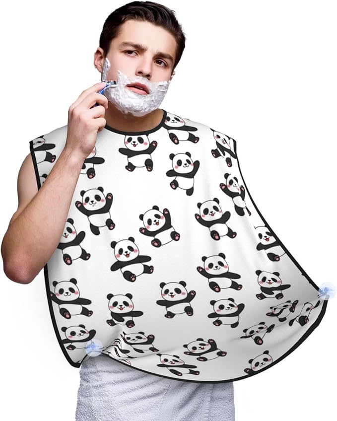 Beard Grooming Cape, Waterproof Hair Catcher for Shaving Trimming, Non-Stick Bib Apron Gifts for Dad Men, Cute Cartoon Pandas Shave Bib