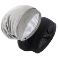 SilkySatin Lined Bonnet Sleep Cap - Adjustable Stay on All Night Hair Wrap Cover Slouchy Beanie for Curly Hair Protection for Women and Men - Black & Light Grey