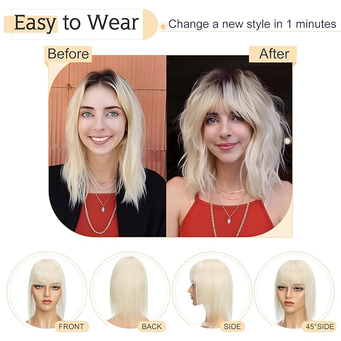 SEGO Hair Toppers for Women Real Human Hair With Bangs, 7 * 13CM Silk Base 100% Remy Human Hair Clip in Top Wiglet Hairpieces Add Volume -16 Inch Platinum Blonde