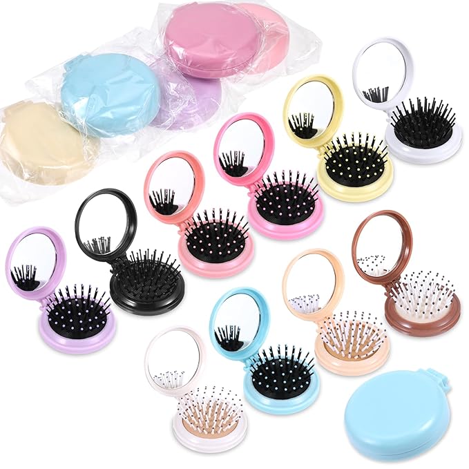 20 Pcs Folding Travel Mirror Hair Brushes Round Portable Pocket Brush Mini Compact Portable Hair Brush Mini Pop Up Hairs Brushes for Women (10 Colors)