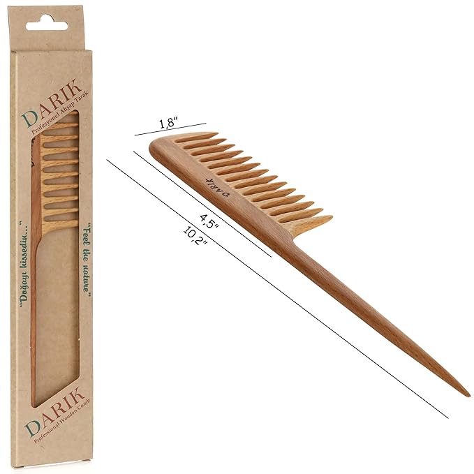 Wide Tooth Wooden Comb Handmade - Natural Vintage Style Wide Tooth Comb for Curls Gentle Styling - Anti-Static Wood Hair Combs For Women Detangling (Wide Tooth Tail Comb)