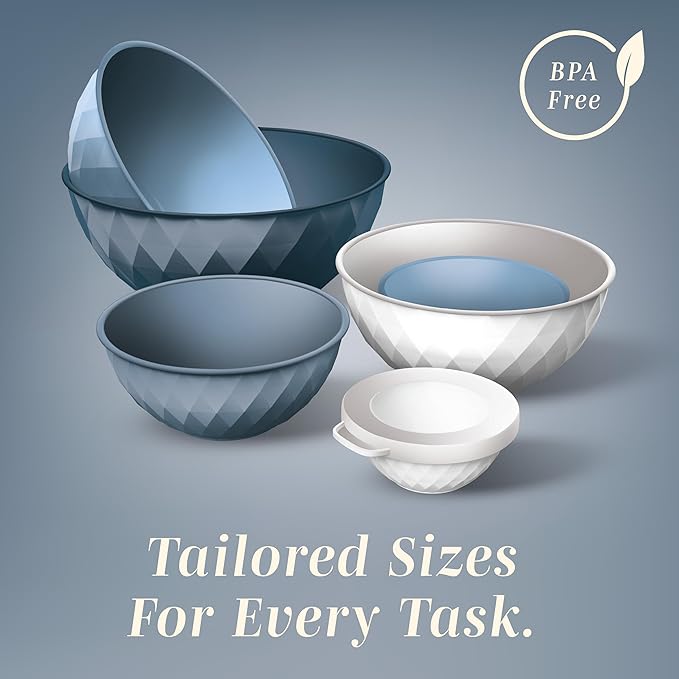 COOK WITH COLOR Mixing Bowls with Lids - 12 Piece Plastic Nesting Bowls Set includes 6 Prep Bowls and 6 Lids, Diamond Design - Microwave Safe, Denim
