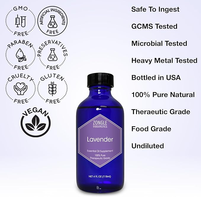 Lavender Essential Oil, Food Grade, for Drinks, Skin, Hair – 100% Pure, Lavender Oil, by Zongle Therapeutics, 4 OZ