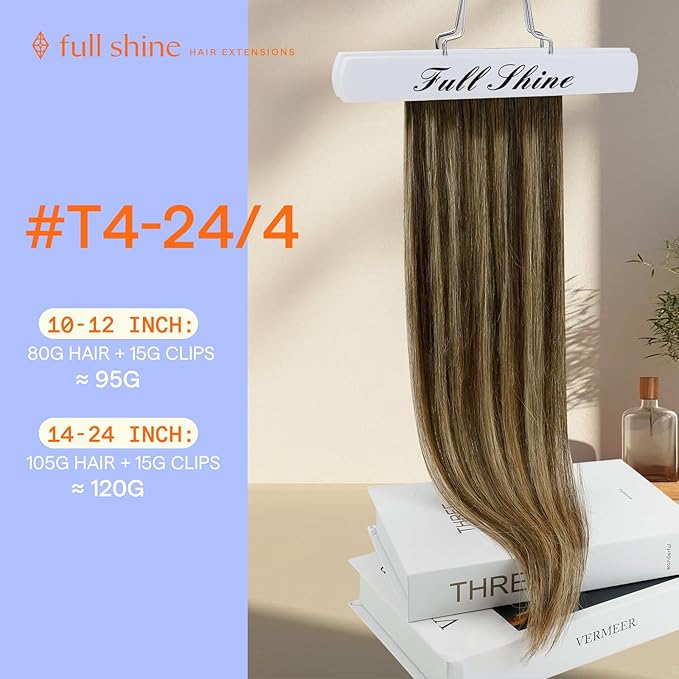 Full Shine Human Hair Clip in Extensions Brown Hair Extensions Clip in Human Hair 18 Inch Medium Brown Ombre Caramel Blonde Invisible Hairpiece for Long Straight Hair 7 Pcs 120 G