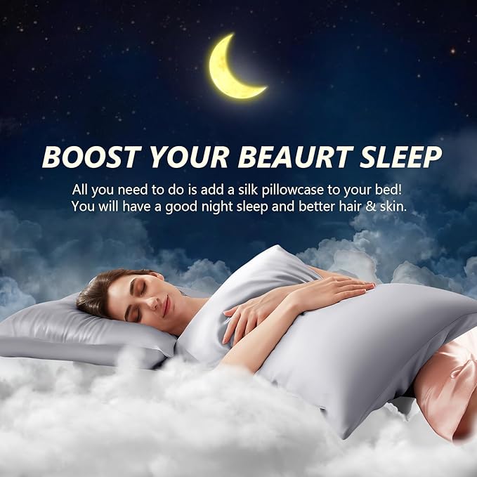 Silk Pillow Cases 2 Pack Standard Size Mulberry Silk Pillowcase Set of 2 for Hair & Skin 26 x 20 Inches 22 Momme Both Sided Grade 6A Silk Soft Breathable Cooling with Hidden Zipper, Grey