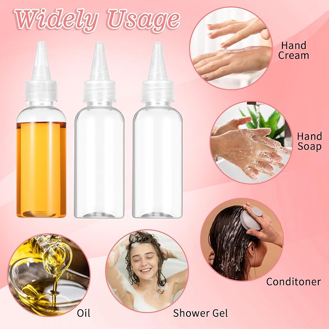 60 Pcs 2 oz (60 ml) Plastic Hair Squeeze Bottle with Twist Cap - Refillable Applicator Bottle for Hair Oils, Dyes & Liquids, Includes 2 Funnels (Clear, 4.72 x 1.34 inches)