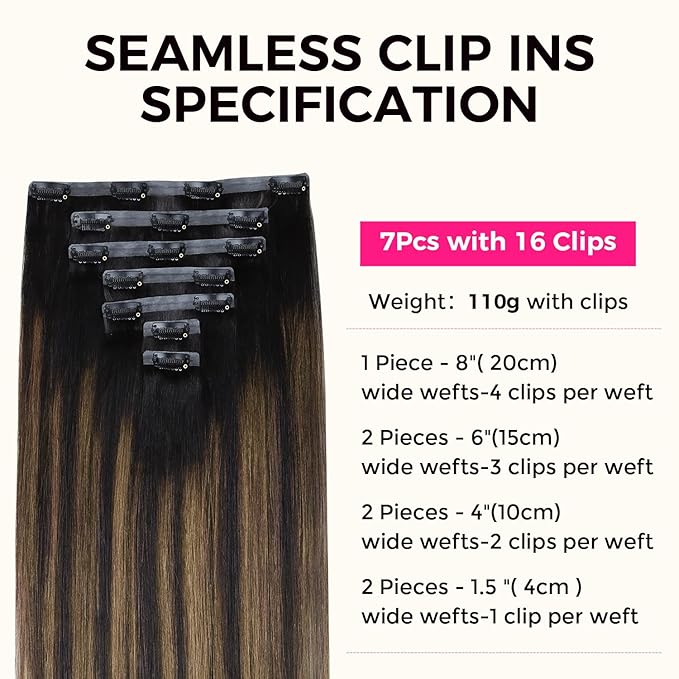 Lashey Seamless Clip in Human Hair Extensions 110g 7pcs Light Yaki Straight Natural Black Mixed Chestnut Brown Clip in Hair Extensions for Black Women 24 Inch Long