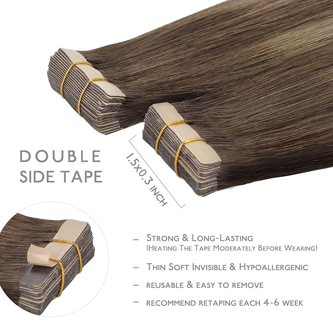 WENNALIFE Tape in Hair Extensions, 20pcs 24 Inch 50g Balayage Chocolate Brown to Honey Blonde Remy Human Hair, Coloured Tape Extensions