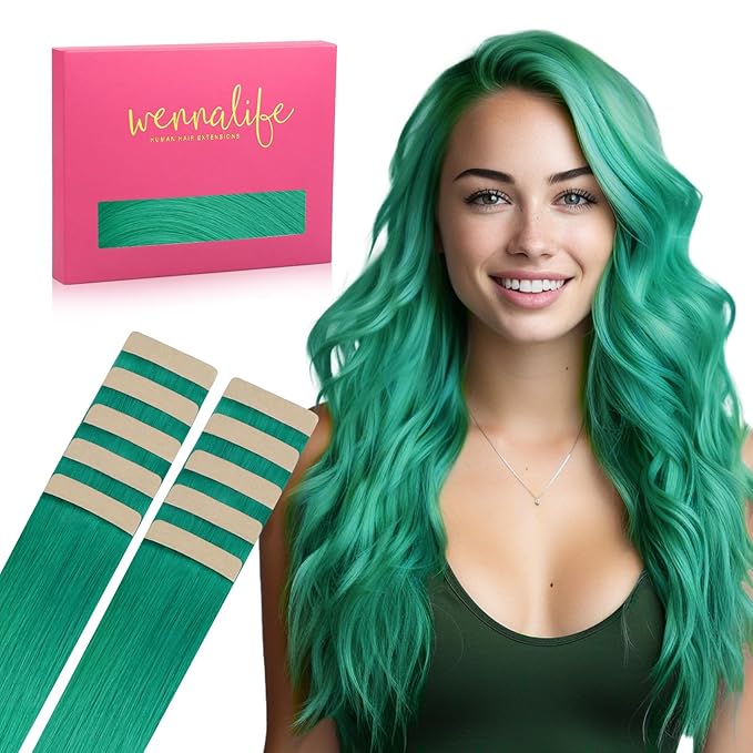 WENNALIFE Tape in Hair Extensions Human Hair Green Tape in Extensions, 10pcs 30g 24 inch Remy Invisible Tape Ins Straight Colored Soft Real Human Hair Tape in Extensions Refill Set Extensions