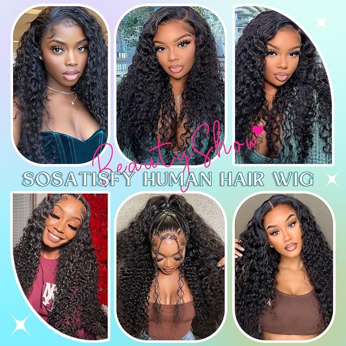 SOSATISFY 32 Inch 13X6 Deep Wave Lace Front Wigs Human Hair 200 Density Glueless Curly Human Wigs for Women 13x6 HD Transparent Lace Frontal Wigs Pre Plucked with Baby Hair Natural Color