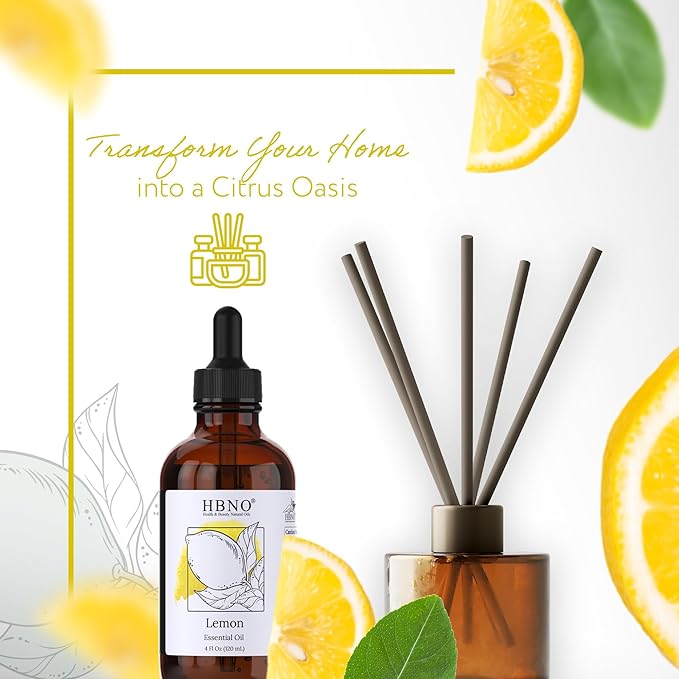 HBNO California Bottled Lemon Essential Oil 4 fl oz (120ml) - Natural & Premium Grade - Lemon Essential Oil for Cleaning