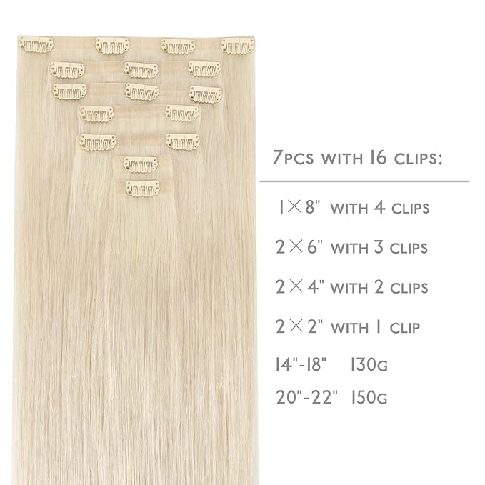 WENNALIFE Seamless Clip In Hair Extensions Human Hair, 12 Inch 80g 7pcs Platinum Blonde Real Hair Extensions Clip in Human Hair Invisible PU Skin Weft Natural Remy Hair