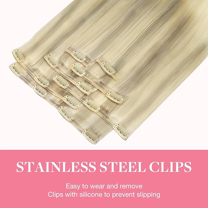 Googoo Blonde Clip in Hair Extensions Remy Human Hair Ombre Hair Extensions Clip in Hair Full Head Ombre Blonde Color 7PCS