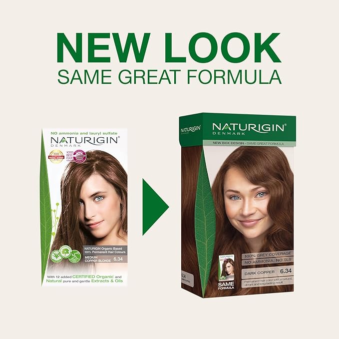 Naturigin Permanent Hair Color, 6.34 Dark Copper, Ammonia Free, 100% Gray Coverage, Nourishing Natural Formula, For All Hair Types, Long-Lasting, Vegan & Cruelty-Free, 1 Pack