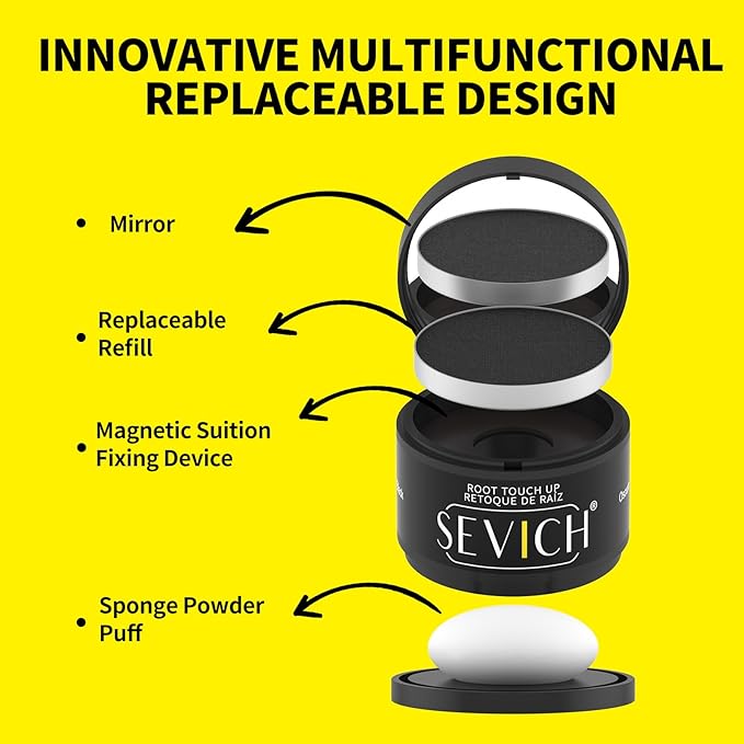 SEVICH Magnetic Hairline Powder with Brush | Refillable Root Touch Up for Sparse Hairlines & Gray Coverage | Waterproof, Sweat-Proof & Smudge-Proof | Natural & Invisible Hair Concealer (Black)