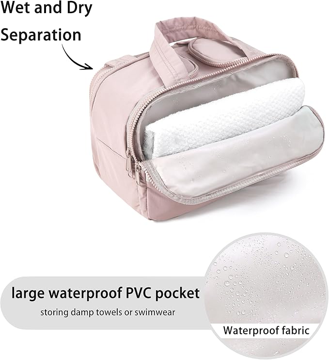 Travel Toiletry Bag for Women, Large Wide-open Puffy Cosmetic Makeup Bag with Wet-Dry Separation, Multi-Pocket Organizer with Carry Handle for Toiletries, Cosmetics, Essentials, Light Pink