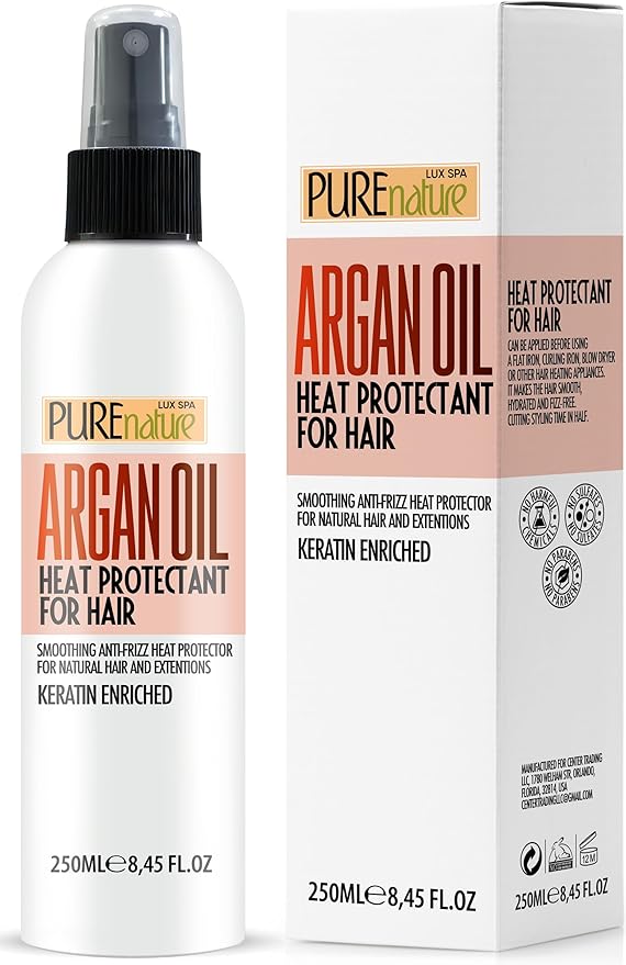 Moroccan Argan Oil Heat Protectant Spray for Hair - Leave In Thermal Guard against Flat Iron, Straightener and Blow Dry Damage - Hydrating Anti Frizz Control for Straight, Black and Curly Locks