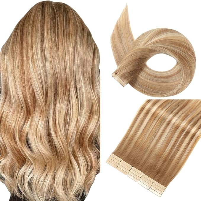 Middle Brown to Dark Blonde Tape in Hair Extensions Human Hair,14 Inch Human Hair Tape in Extensions 20Pcs Tape Ins Human Hair Extensions for Women Seamless Tape in Hair Extensions Real Human Hair