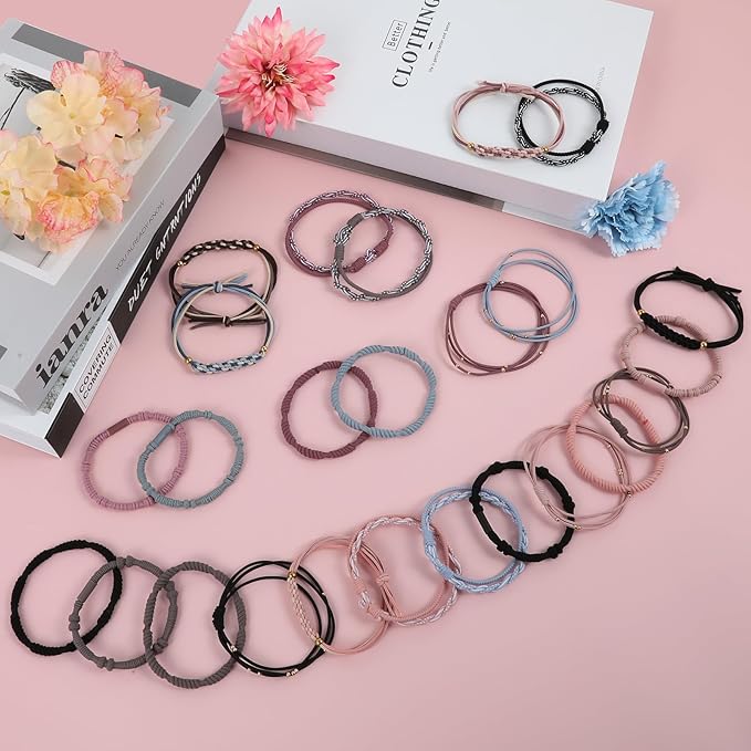 Hair Accessories, 25 PCS of 5 Styles Boho Hair Tie Bracelets with Beads - Cute Elastic Bands for Thick or Thin Hair, No Damage, Pink for Girls and Women