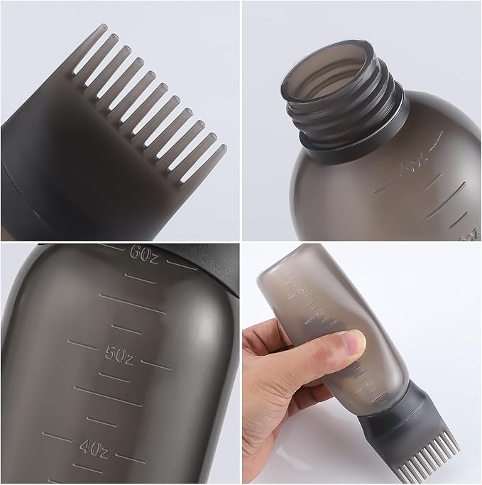 Pimoys 2 Pack Root Comb Applicator Bottle 6 Ounce Oil Applicator for Hair Dye, Black Hair Oiling Bottle Applicator Brush with Graduated Scale