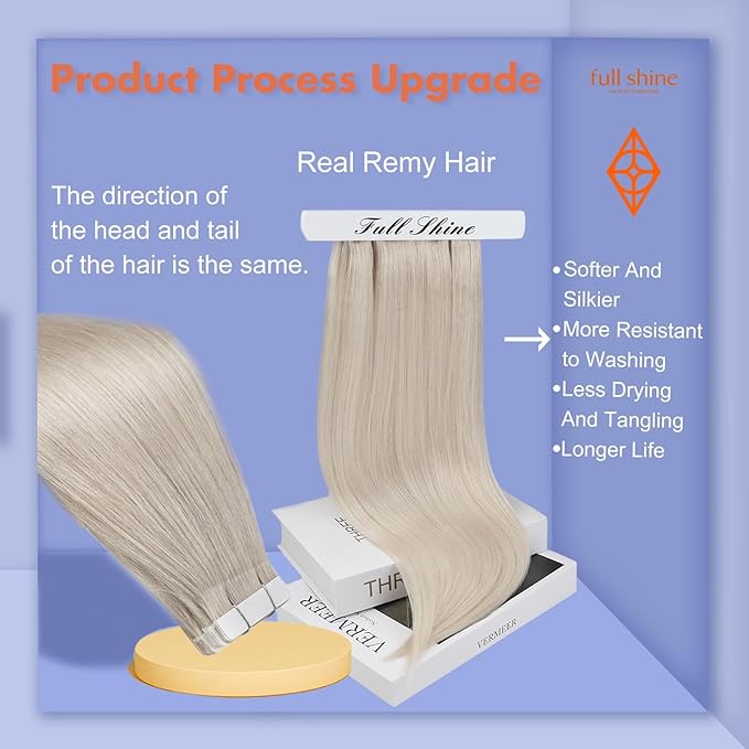 Full Shine Human Hair Extensions Tape in 16Inch Invisible Remy Tape in Hair Extensions Double Sided Adhesive Color 1000 Blonde Silky Straight Real Human Hair Tape ins Human Hair 50G 20Pcs for Wedding