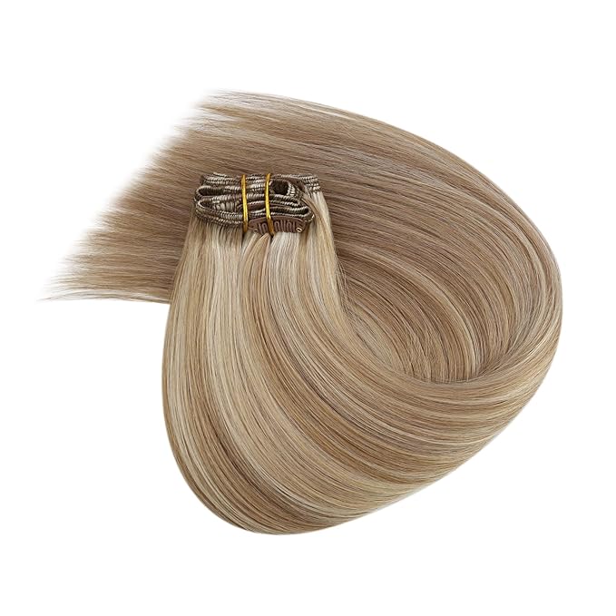 Ve Sunny Clip in Human Hair Extensions Highlights Clip in Hair Extensions Dark Ash Blonde Highlights Light Blonde Real Hair Extensions Clip in Human Hair for Thin Hair Daily Use 7pcs 16inch 120g