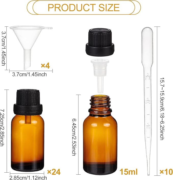 BENECREAT 24 Pack 15ml Brown Glass Essential Oil Bottles Refillable Container Kits with Plastic Droppers, Funnel Hoppers and Sticker for Aromatherapy Fragrance Cosmetic Oil