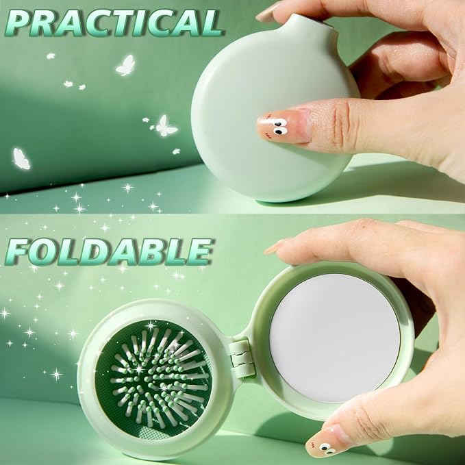 Travel Hair Brush and Mirror Como, Compact Mirror with Mini Hair Brush Set, Folding Hairbrush for Women, Small Hair Comb with Mirror for Purse, Round Green 1 Pack and Peach Green 1 Pack