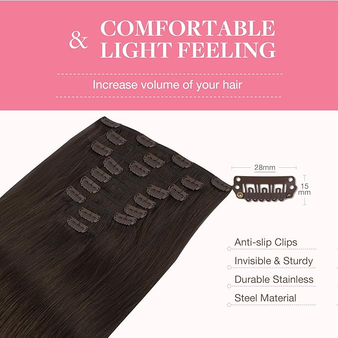 GOO GOO Clip in Hair Extensions Real Human Hair, Remy Human Hair Extensions Clip ins for Women, Natural Human Hair, 18inch 150g 9Pcs, 2A Light Brown