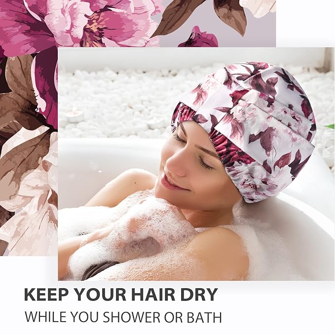 INNELO Luxury Shower Cap for Women Reusable Waterproof, Double Layered Shower Hair Cap with Adjustable Elastic Strap, Large Satin Lined Shower Bath Cap for Long Curly Straight Hair, Pink-Flower