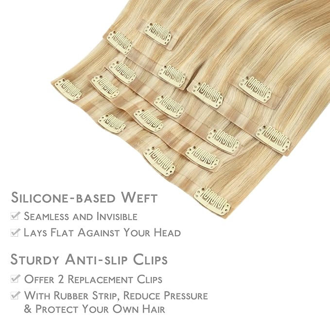 WENNALIFE Seamless Clip In Hair Extensions, 20 Inch 7pcs 150g Light Blonde Highlighted Golden Blonde Hair Extensions Clip In Real Human Hair Extensions Invisible PU Weft Human