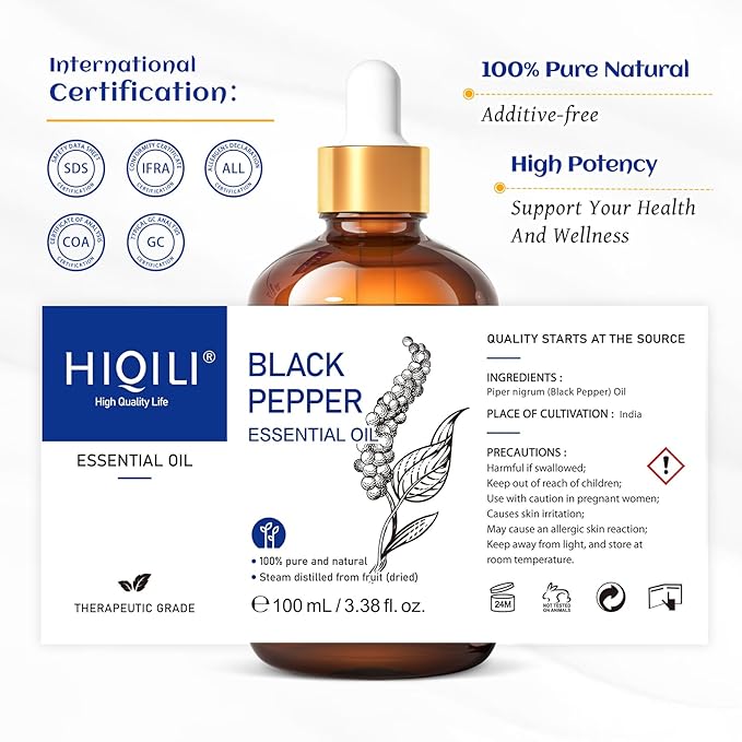HIQILI Black Pepper Essential Oil for Aromatherapy & Diffuser - Natural Spicy & Warming Scent - Therapeutic Grade - 3.38 Fl Oz