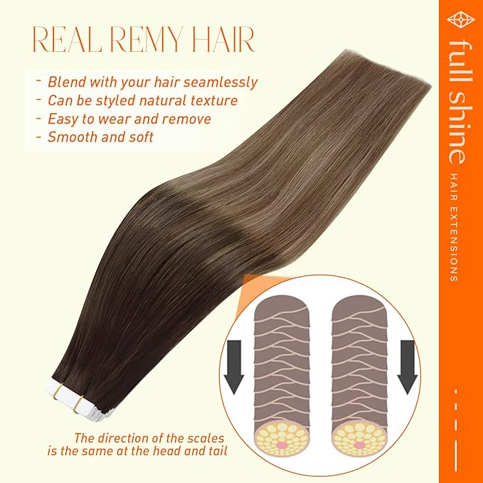 Full Shine Balayage Tape in Hair Extensions Human Hair 12Inch Darkest Brown 2 Ombre 6 Light Brown Highlight 18 Ash Blonde Hair Extensions Tape in 20Pcs 30G Seamless Skin Weft