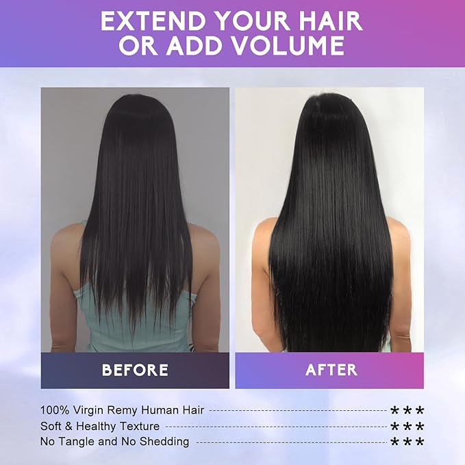 Clip in Hair Extensions Real Human Hair, 20 Inch 105g, 1B Natural Black, Invisible Seamless Straight Remy Human Hair Extensions Cip ins for Women 8pcs Per Set with Double Weft
