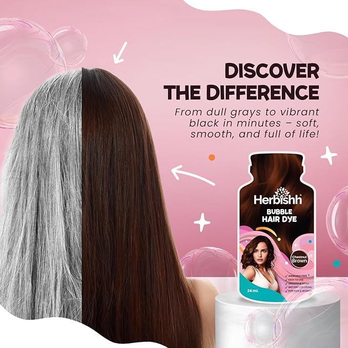 Herbishh Bubble Foam Hair Dye Shampoo, 3 in 1 Dye for 100% Grey Coverage, Permanent Hair Coloring for Men & Women, Long-lasting & Travel-friendly, Ammonia-free, 10 Sachet x 24 ml (Chestnut Brown)