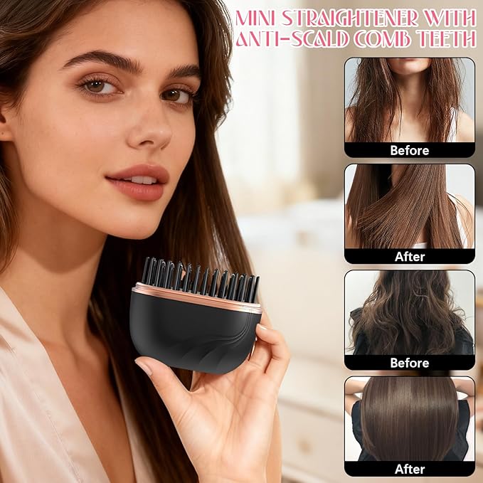 Mini Straightener,Rechargeable Portable Hair Straightener Brush,Fast Heating Hot Comb,Anti Scald Shell,3-Speed Temperature Control,Lightweight Mini Hair Straightener Brush for Home Travel Gift (Black)