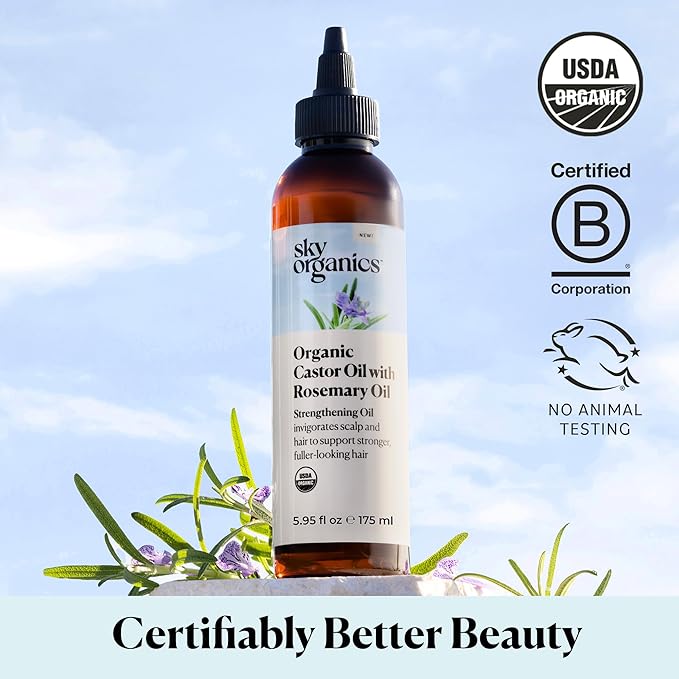 Sky Organics USDA Organic Castor Oil with Rosemary Oil, Strengthening Oil, Pure Potent Blend, Hexane Free, Invigorates Scalp, Supports Stronger, Fuller-Looking Hair, Textured Hair