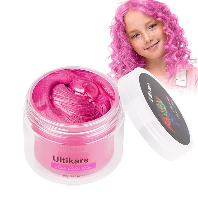 Temporary Hair Color for Kids Pink, Ultikare Hair Wax Color Dye for Dark Hair Instant Colored Hair Gel Hairstyle Wax Cream Mud Pomade 3.4 Oz Girl Gifts, Party, Cosplay & Halloween