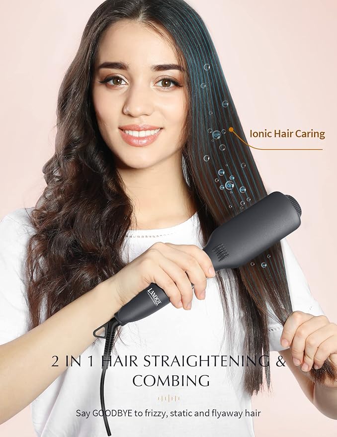 LANDOT Hair Straightener Brush for Thick Curly Hair - Ionic Ceramic Straightening Brush with Dense Bristles & 12 Temp Settings, Dual Voltage, Fast Heating for Frizz-Free Smooth Hair, Black