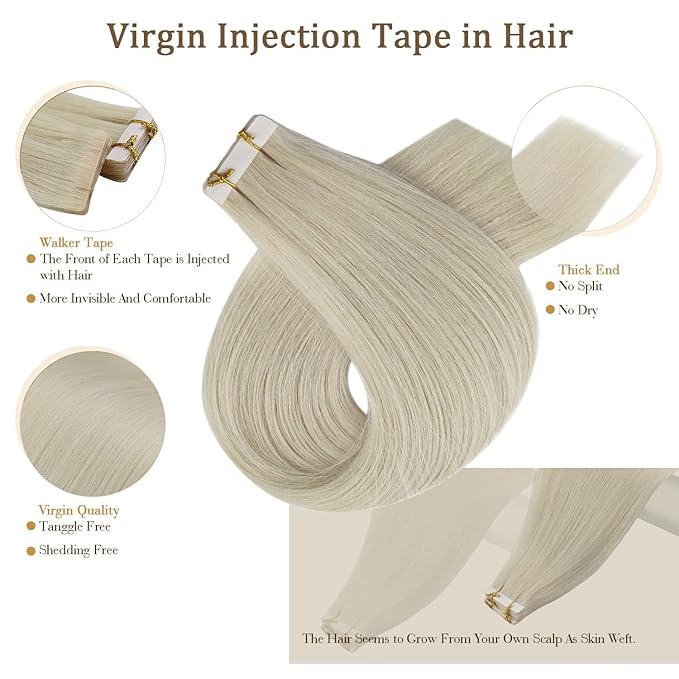 Full Shine Blonde Injection Tape in Hair Extensions 5Pcs Color 1000 Injected Tape in Extensions 22 Inch Virgin Human Hair Extensions Tape ins 12.5Gram Tape ins Human Hair Real Hair Extension for Women