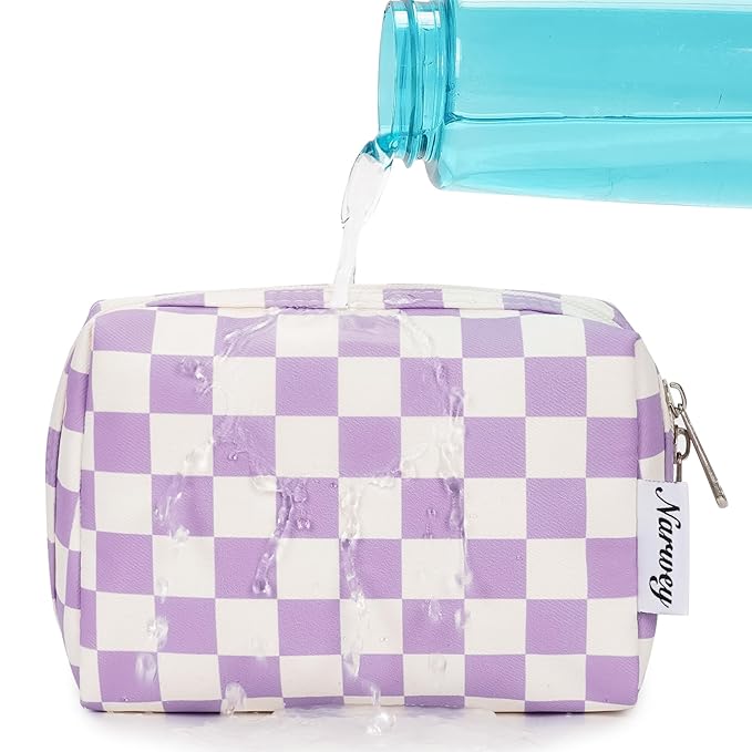 Narwey Small Checkered Makeup Bag for Purse Mini Cosmetic Bag Travel Makeup Pouch Zipper Pouch Cute Make up Bags with Compartments for Women Girls (Purple Checkerboard, Small)