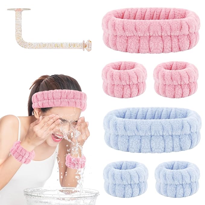 Face Wash Set - Headband, Absorbent Microfiber Wristbands with Holder for Washing Face, Spa Wrist Scrunchies
